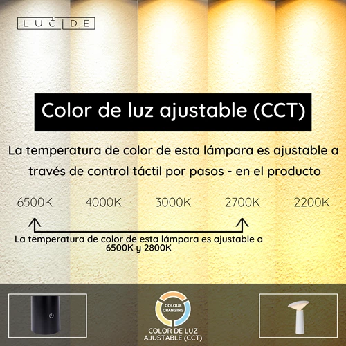 Lucide JIVE - Lámpara de mesa Recargable Dentro/Fuera - Batería/acumulador - Ø 13,7 cm - LED Regul. - CCT - 1x3W 2800K/6500K - IP44 - Blanco - USP